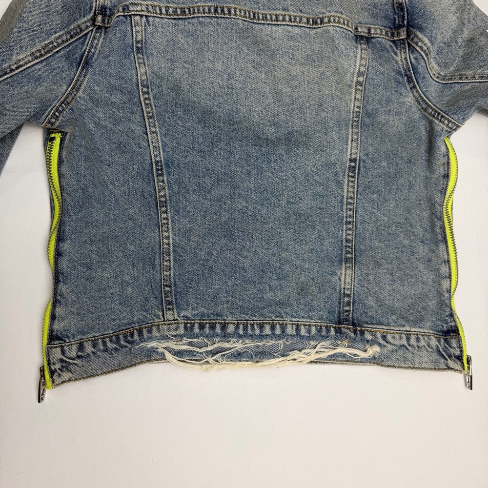 Blank NYC Distressed Denim Jacket Neon Yellow Accent Side Zippers Size Small EUC - Picture 9 of 11